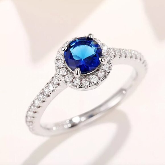 NEW 14k White Gold Sapphire Diamond Ring Halo Round Cut - Picture 4 of 8